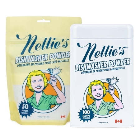 Nellie's Dishwasher Powder Bundle - 50 Scoops (Pouch) & 100 Scoops (Tin) - Powerful Grease-Busting Formula for Spotless, Shiny Dishes Every