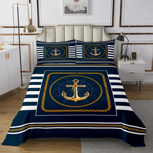 Erosebridal Gold Anchor Coverlet Set Queen, Geometry Stripe Bedding Set, Navy Gold Room Decorative 3 Pieces