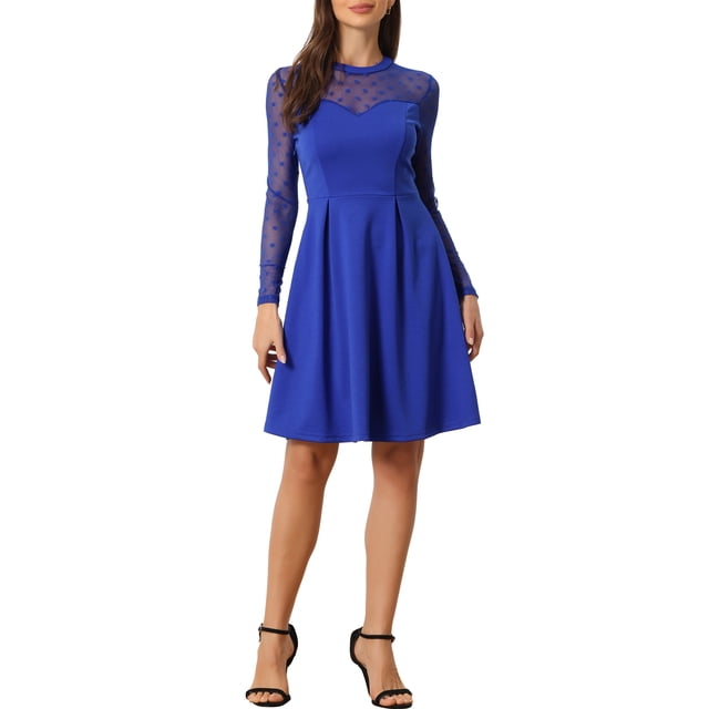 INSPIRE CHIC Robe Patineuse de Fête pour Femme en Maille Transparente à Manches Transparentes avec Cœurs S Bleu Royal à Pois
