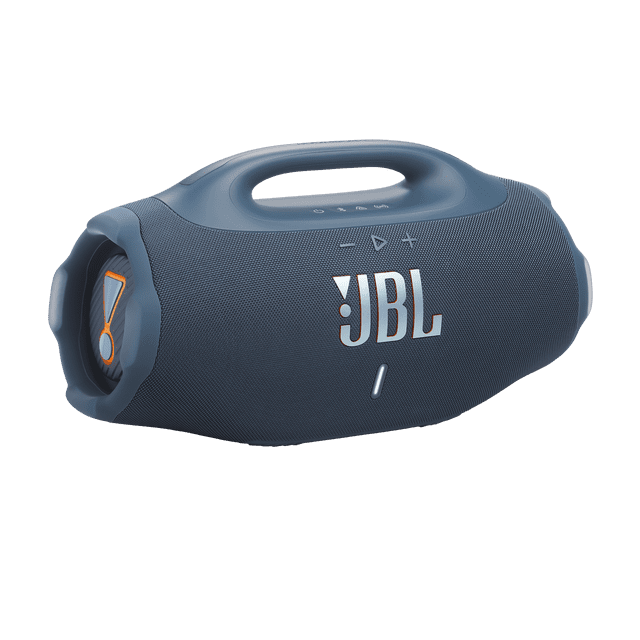 JBL Boombox 4 portable Bluetooth speaker in dark blue with built-in handle, mesh fabric covering, front JBL logo, side passive radiator with orange accent, and top control buttons for power, Bluetooth, and volume, ideal for outdoor use with waterproof and dustproof features.