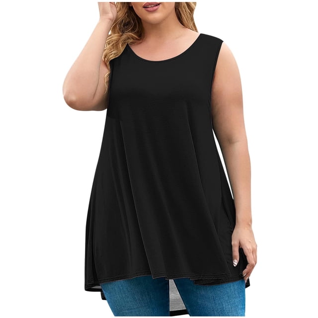 Timegard Plus Size Tank Tops for Women Round Neck Casual Workout Tops Solid Color Sports Shirts