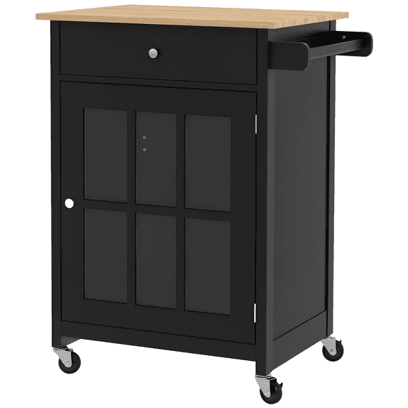 HOMCOM Rolling Kitchen Cart with Drawer, Glass Door Cabinet and Towel Rack