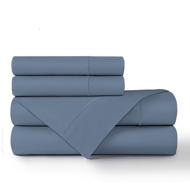 Johnson Home 450 Thread Count Bamboo Bed Sheet Set in blue, folded with two pillowcases on top, made from breathable, hypoallergenic bamboo fabric that regulates temperature and resists wrinkles, ideal for eco-friendly, comfortable bedding.