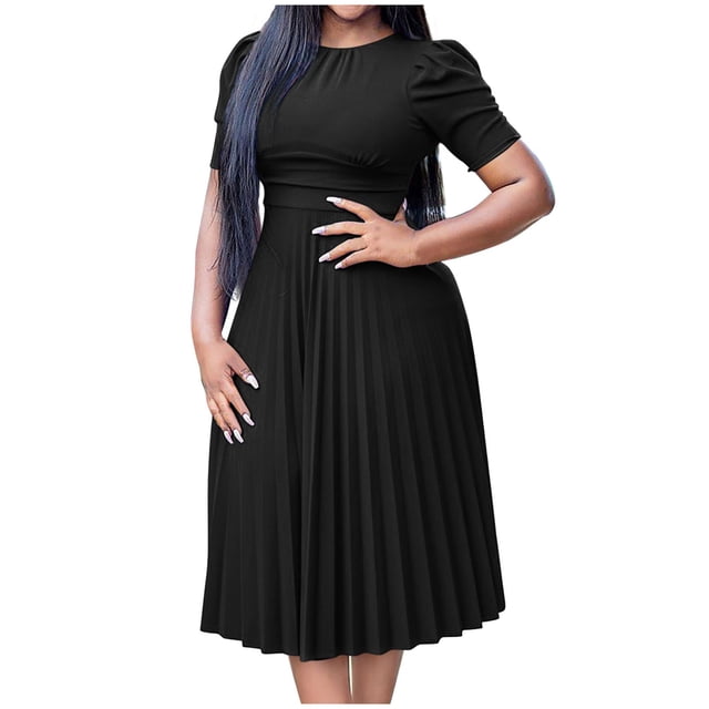 LOVZFMLL Robe d'Été pour Femme Grande Taille2025 Décontractée à Manches Courtes Taille Empire Coupe Ample Évasée Plissée Maxi Robe T-Shirt Noire 3TG