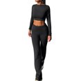 thumbnail image 1 of Honganda Women Spring Outfits Solid Color Long Sleeves Crop Tops Bootcut Pants  2 Pcs Set Streetwear Aesthetic Clothes, 1 of 6