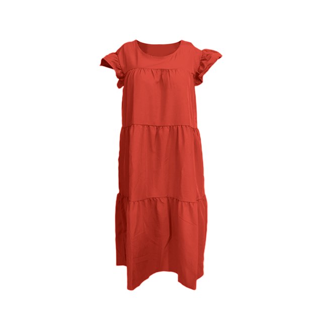 Faithtur Ladies Temperament Loose Mid-length Dress, Summer Women Leisure Style Solid Color Round Collar Fly Sleeve Ruched Skirt