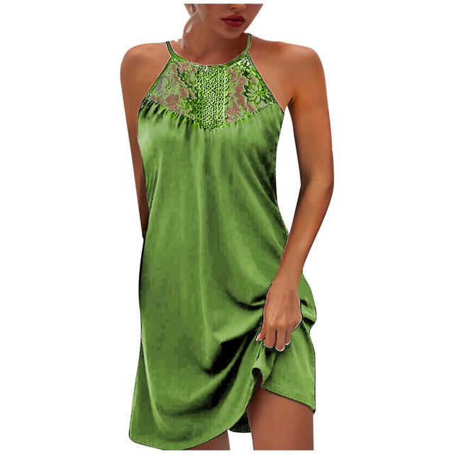 Fridja Robe Courte d'Été pour Femme en Dentelle Sans Manches à Col Rond, Dos Nu, Unie, Coupe Ajustée