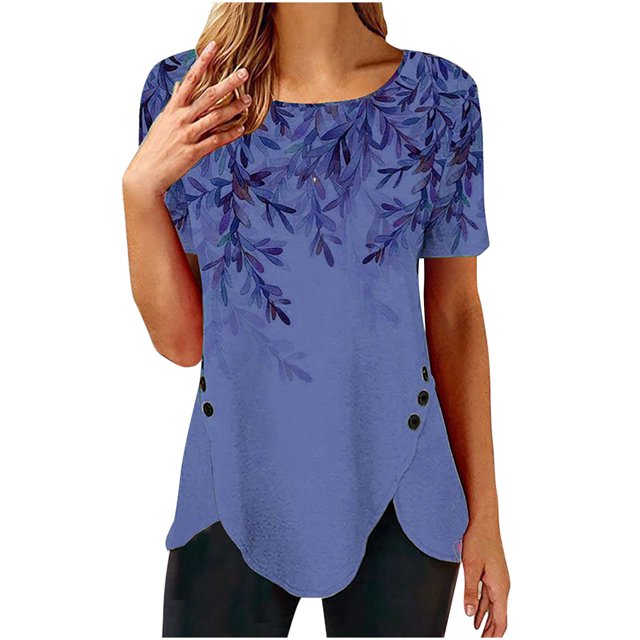 Pompotops Femmes Mode Imprimé T-shirt en Vrac Boutons Manches Courtes Chemisier Col Rond Casual Tops