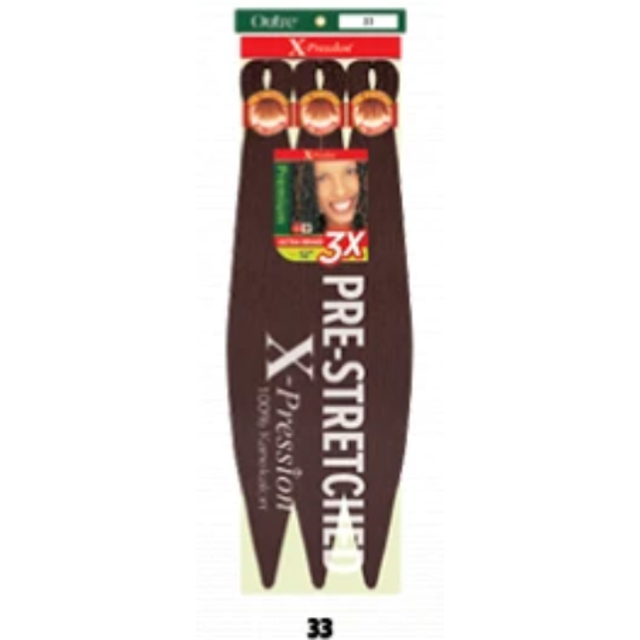 OUTRE X-Pression Pre-Stretched Braid 3X 52-inch hair extensions in a long, pre-stretched, kinky straight style. The pack includes three bundles in color 1B and burgundy, designed for easy styling and flame-retardant properties. Suitable for hot water setting and pre-layered for convenience.