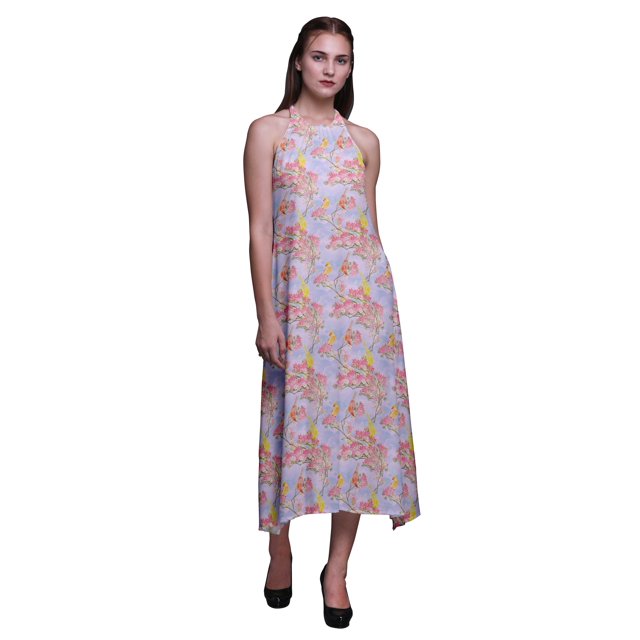 Bimba Robe Décontractée Oiseau Longue Dos Nu à Col Licou pour Femme Robe de Plage Imprimée - Moyen