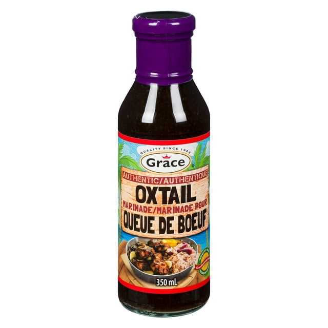 Grace Marinade de Queue d'Oie 350 ml Bouteille avec Capuchon Violet, Étiquetée pour un Assaisonnement Caribéen Authentique, Présentant une image de Queue d'Oie Cuite avec Riz et Pois, Convient pour Marinade de Queue d'Oie et d'Autres Viandes dans la Cuisine Caribéenne et Africaine.
