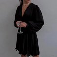 thumbnail image 2 of Birdeem Robe Aguichant pour Femmes Col en V Dos Fermeture Éclair Manches Trompette Plissée Satin Taille Haute, 2 of 6