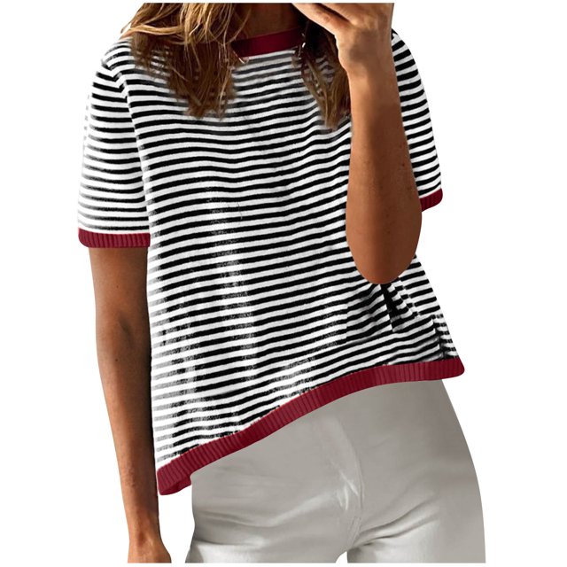 FAIWAD Womens Summer Tops Oversized Striped Color Block Shirt Crewneck Short Sleeve Trendy Pullover T-Shirts