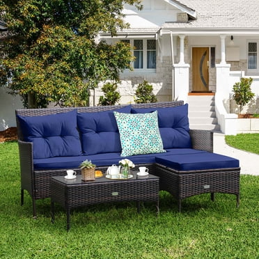 Costway 3PCS Patio Rattan Furniture Set 3-Seat Sofa Cushioned Table Garden Navy