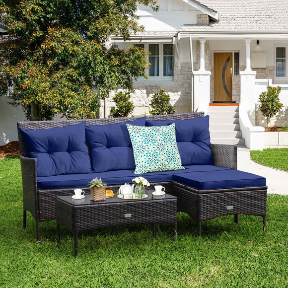 Costway Ensemble de Mobilier de Jardin en Rotin 3 Pcs, Canapé 3 Places, Table Basse avec Coussins, Bleu Marine
