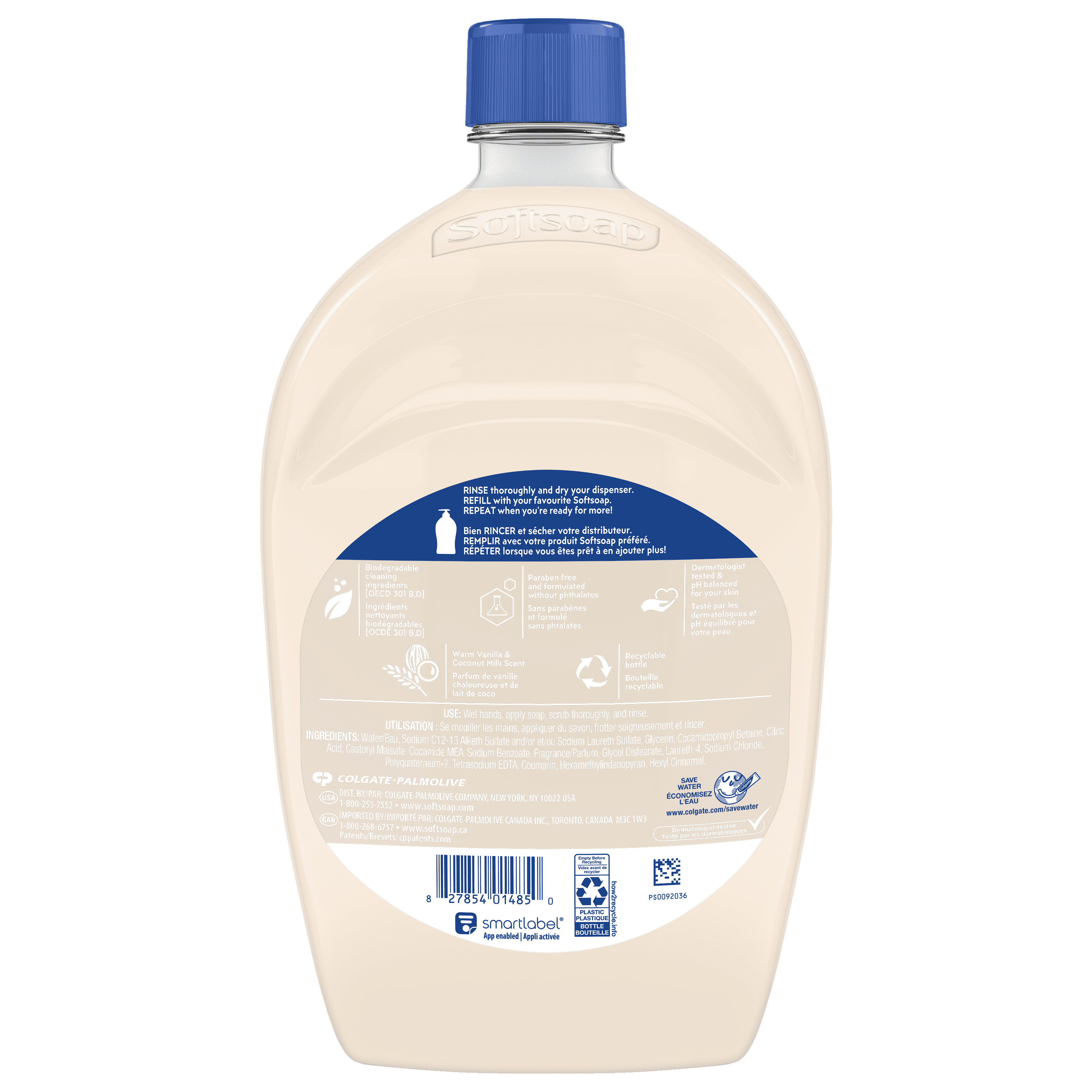 Savon liquide hydratant pour les mains Softsoap, parfum vanille chaude et lait de coco, recharge de 1,5 l