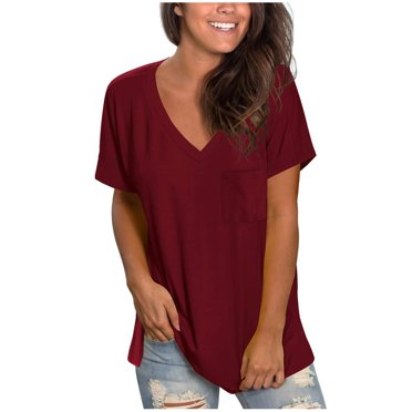DPTALR T-Shirt à Manches Courtes pour Femmes, Décontracté et Confortable, Col en V, Couleur Unie, avec Poche, Coupe Ample