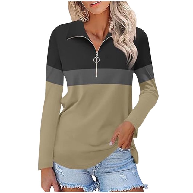Plebaso Chemises à Manches Longues pour Femmes à Blocs de Couleur Quart Zip Hauts Décontractés Col Pull Blouses pour Femmes