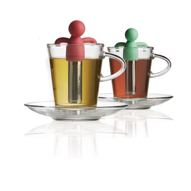 Tandem Tea Set for 2 - 6 pcs includes two clear glass tea cups with saucers and buddy tea infusers featuring red and green silicone holders and stainless steel micro-perforated baskets for steeping tea leaves, suitable for drinkware and tea cup and saucer sets.