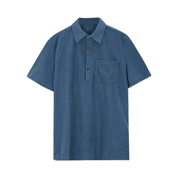 matoen Men's Casual Polo Collar Short Sleeve Tops Home Vintage Button Blouse Have Pockets Solid Color Loose Shirt