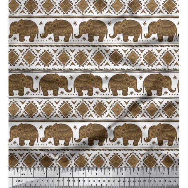 Soimoi Poly Georgette Fabric Aztec & Tribal Elephant Ethnic Printed Fabric 1 Yard 42 Inch Wide
