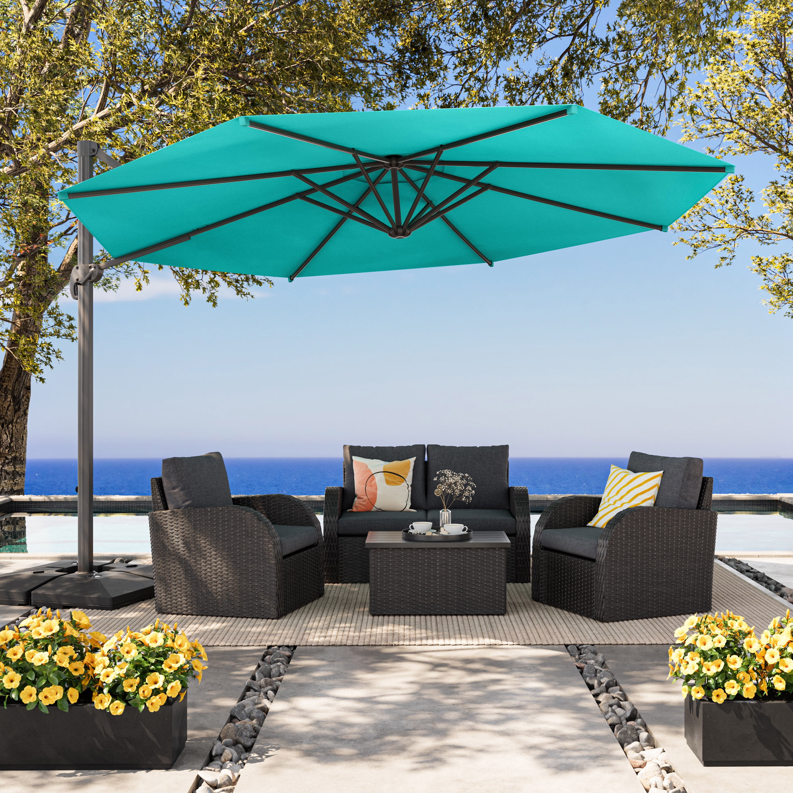 CorLiving 11.5ft Deluxe Tilting and Rotating Offset Patio Umbrella with Aluminum Frame and Durable Canopy, Turquoise