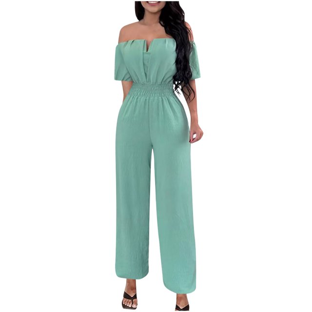 Birdeem Womens One Line Neck Waist Loose Straight Jumpsuit Versatile Pants