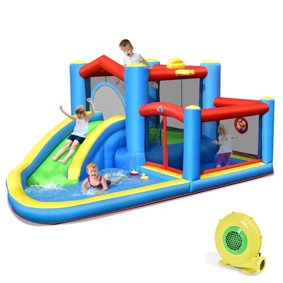 Costway Glissoire d'Eau Gonflable pour Enfants, Glissoire Intérieure Extérieure, Château Rebondissant avec Souffleur de 480 W