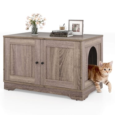 Costway Cat Litter Box Enclosure Furniture with Double Doors Divider Side Entry for Cats Gray