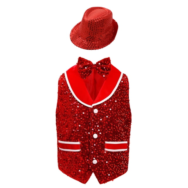 LiiYii Gilet à Sequins pour Enfants Garçons Filles Veste Nœud Papillon Hip Hop Performance de Rue Costume Disco et Ensemble Chapeau Rouge 6