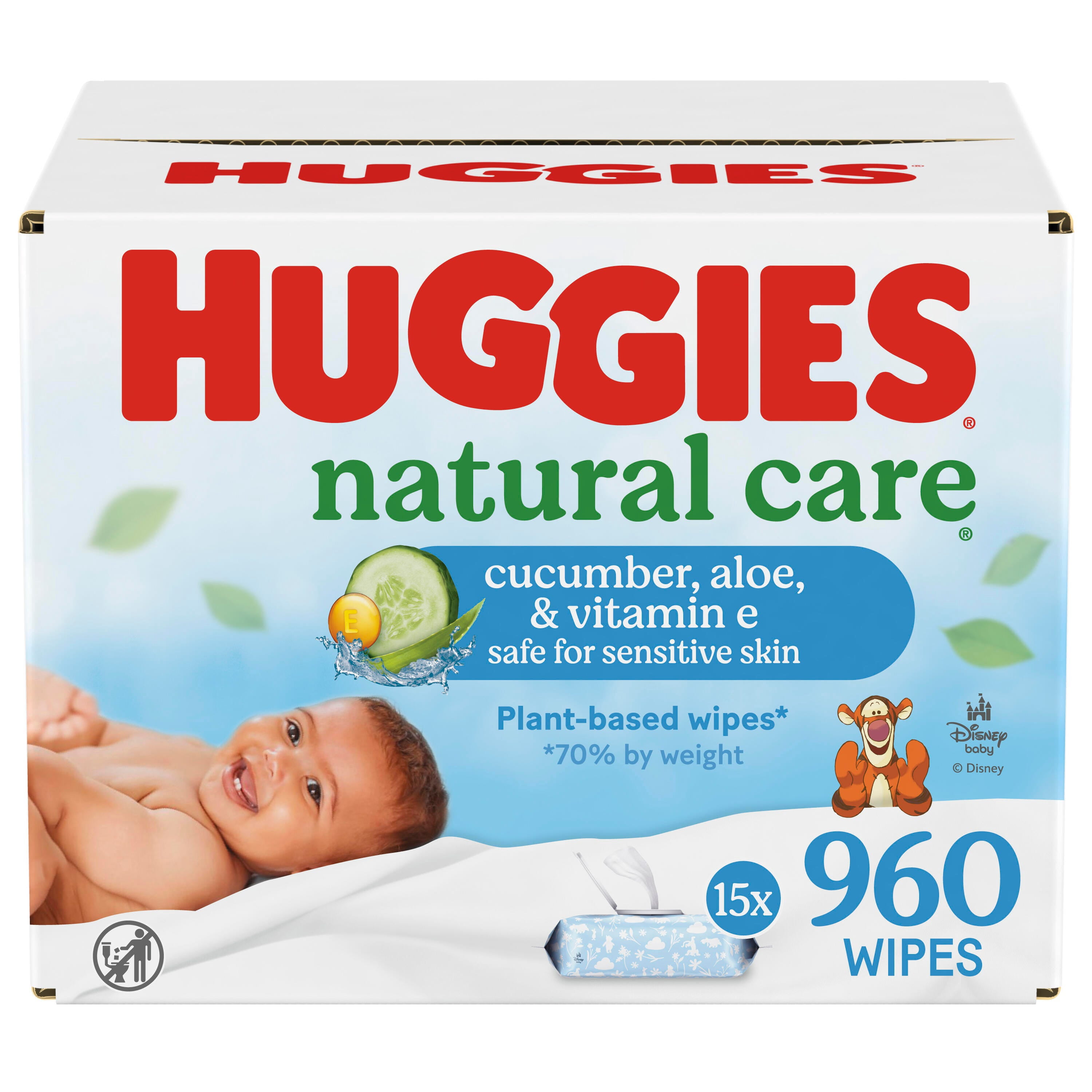 Huggies Natural Care Cucumber, Aloe and Vitamin E Baby Wipes, Scented, 15 Flip-Top Packs (960 Wipes Total)