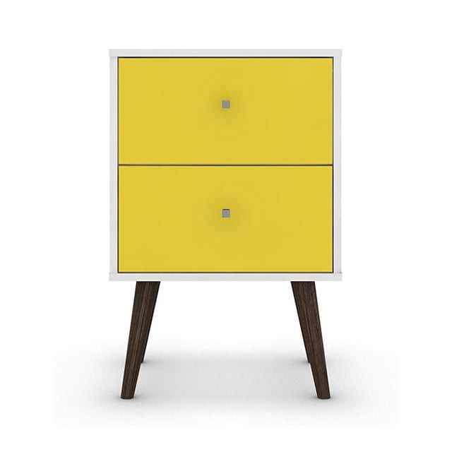 Manhattan Comfort Liberty Modern Table de Nuit de Chambre à 2 Tiroirs en Blanc et Jaune. Cette Table de Nuit Moderne Mi-Siècle Présente Deux Tiroirs Spacieux avec Poignées en Métal, Pattes en Bois Massif Évasées et construction en Bois MDF durable. Sa surface Ouverte Peut Supporter jusqu'à 33 Livres, Idéale pour Exposer des Livres, des Bougies Ou de la Déco. Dimensions Sont 17.72 x 14.7 x 27.09 Pouces.