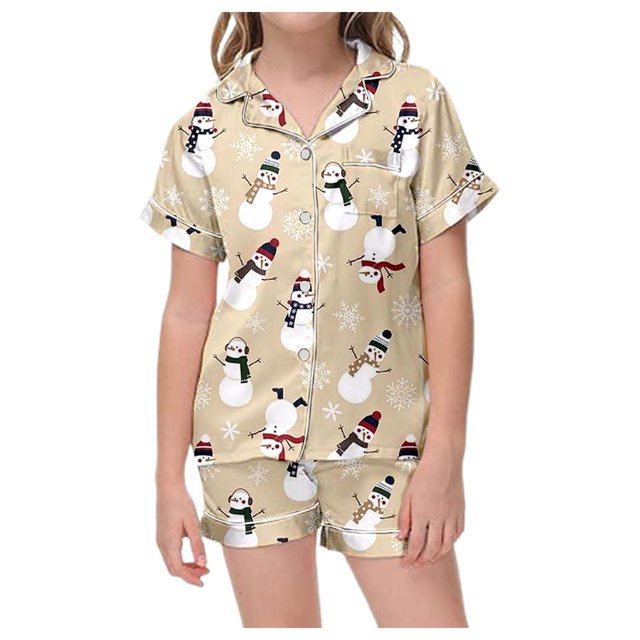 WEAIXIMIUNG Kids' Christmas Classic Print Button Down Collar Short Sleeve Top & Shorts Pajama Set 8-9 Years