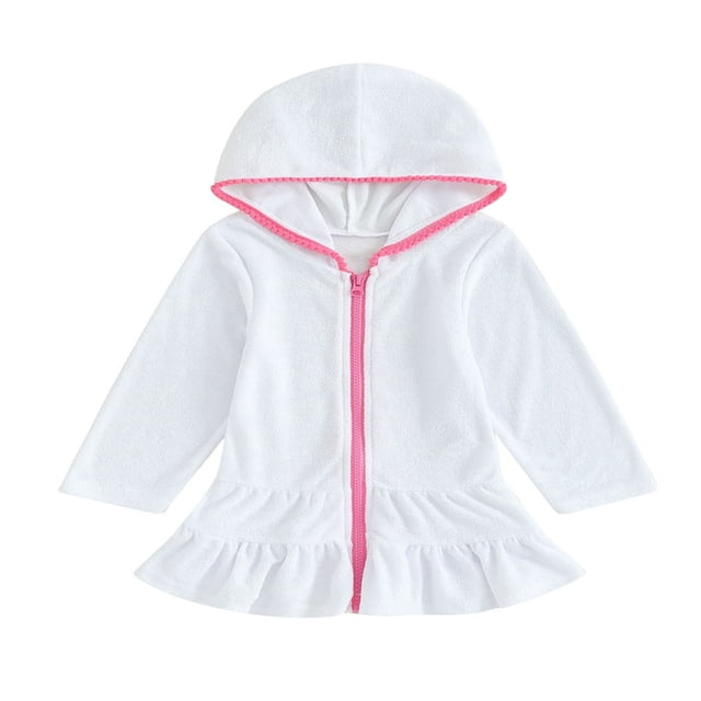 Kids Girl Hoodie Dress Solid Color Ruffled Zipper Long Sleeves Beach Dress