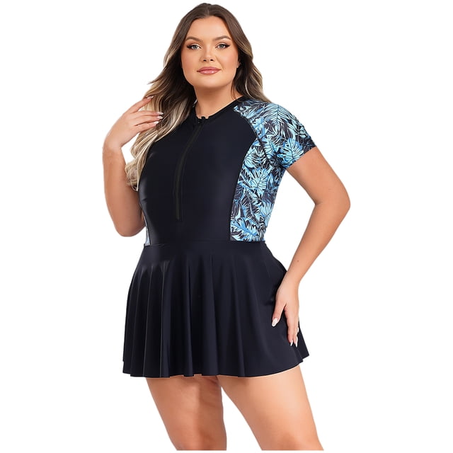 RUNQHUI Maillot de Bain une Pièce pour Femmes Grande Taille, Maillot Dermoprotecteur, Surf, Imprimé Tropical, Robe de Bain Rembourrée, Plage, Bleu 5TG