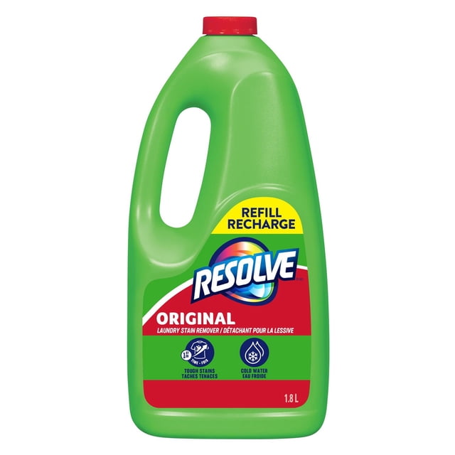 RESOLVE® PRE-TREAT - PreTreat Refill, Laundry Stain Remover in a 1.8L green plastic jug with red cap and handle, labeled original formula for tough stains on colourfast washables, effective in cold water, ideal as a laundry additive for stain removal.