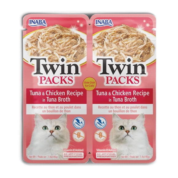 INABA Paquets Doubles pour chats – Thon et poulet dans un bouillon de thon, enrichi en vitamine E, 2 sachets (2 x 40 g), 80 g au total