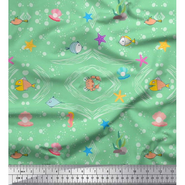 Soimoi Cotton Cambric Fabric Fish,Shell & Starfish Ocean Print Fabric by Yard 42 Inch Wide