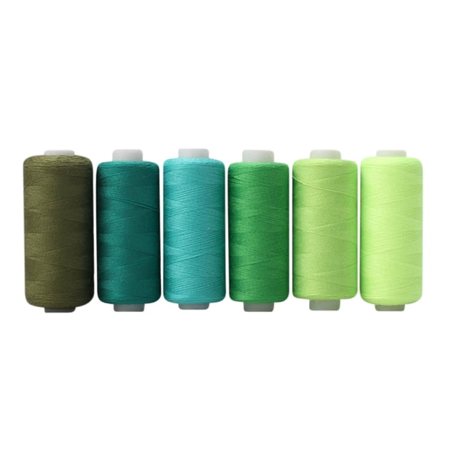 Meitianfacai Sewing Thread 36 Colors Sewing Industrial Machine And Hand Stitching Cotton Sewing Thread (6 Color/pack). The image displays six spools of polyester fibre thread in various green and teal shades, each spool containing 400 yards of thread. Ideal for machine and hand sewing, embroidery, and other crafts, these threads are durable and individually wrapped to avoid tangling.