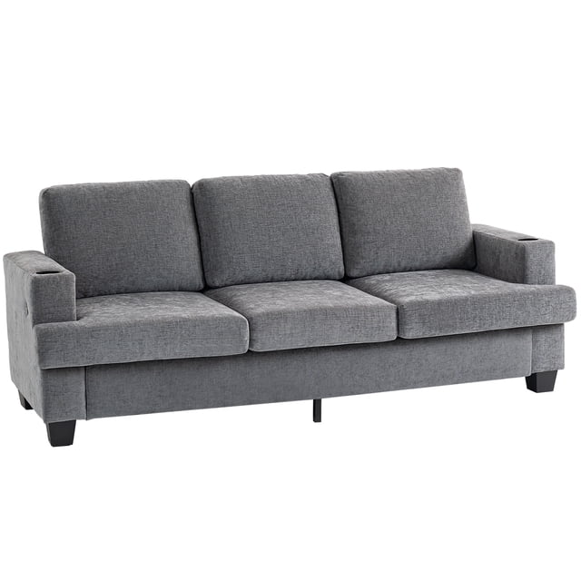 HOMCOM Canapé 3 Places, Sofa Rembourré avec Ports USB et Porte-Gobelets, Gris