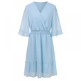thumbnail image 1 of Women Mini Dress Elastic Waist Ruffles Party Dress Loose Fit Dot Print V Neck Short Sleeve Flowy Dress, 1 of 9