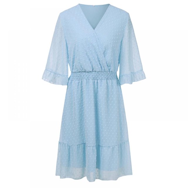 Women Mini Dress Elastic Waist Ruffles Party Dress Loose Fit Dot Print V Neck Short Sleeve Flowy Dress