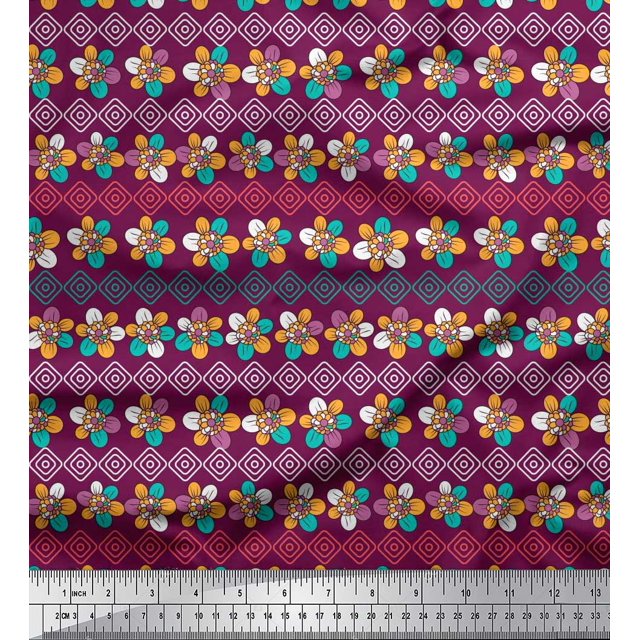 Soimoi Tissu en Voile de Coton Forme Diamant & Imprimés Floraux Artistiques au Mètre 56 Pouces de Large