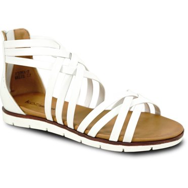 kozi Women Comfort Flat Sandal FIONA-2 Elegant Gladiator Dress Sandal Plain Strap Open Round Toe White Size 7
