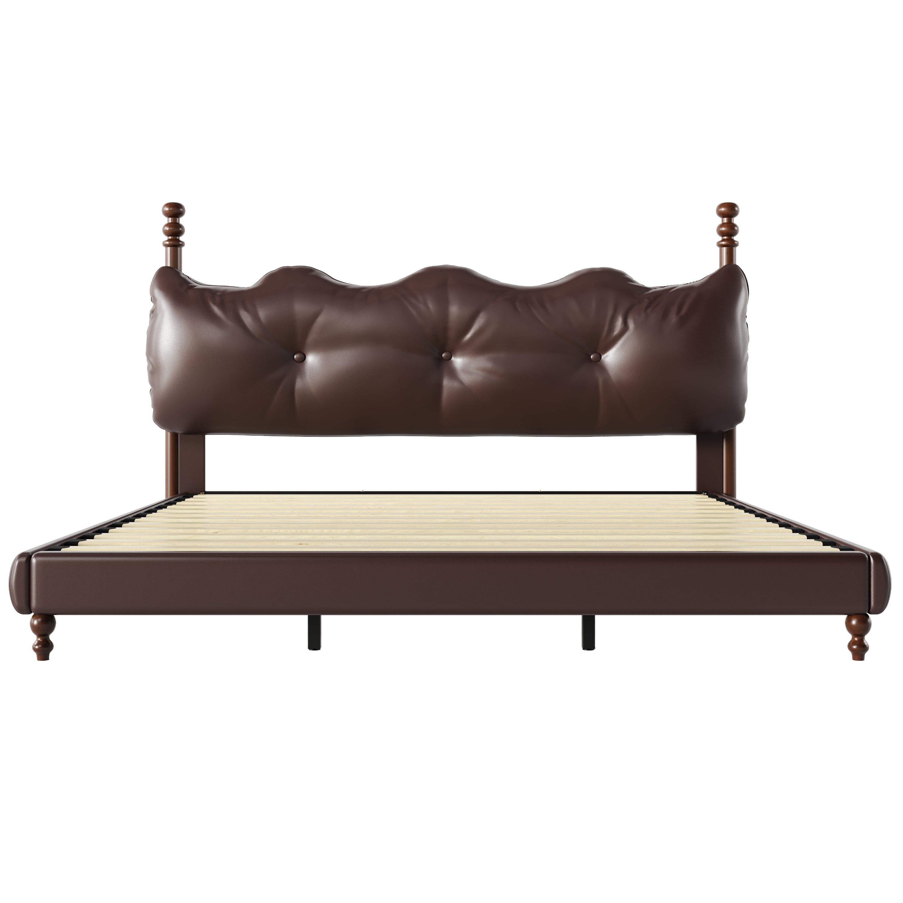 Noble House Lit Plateforme Grand Rembourré avec Tête de Lit, Cadre de Lit en Cuir PU avec Poteaux en Bois, Brun
