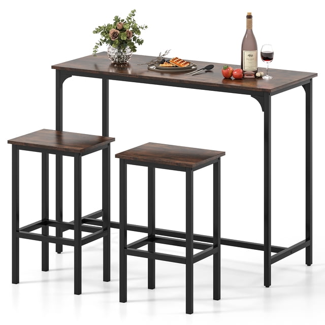 Patiojoy Bar Table and Chairs Set, a 47.5-inch rectangular pub table with two counter height stools in a coffee finish. Designed with a sturdy metal frame, adjustable foot pads, and built-in footrests for comfort. Ideal for small apartments, outdoor patios, or compact spaces, the stools can be tucked under the table for storage. Industrial design complements modern or rustic decor.