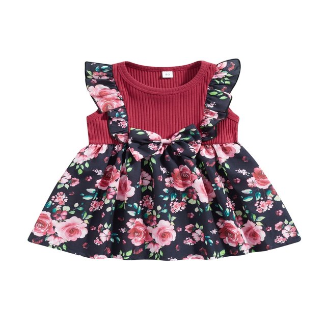 Girls Spring A-line Dress Sleeveless Bow Front Floral Print Dress