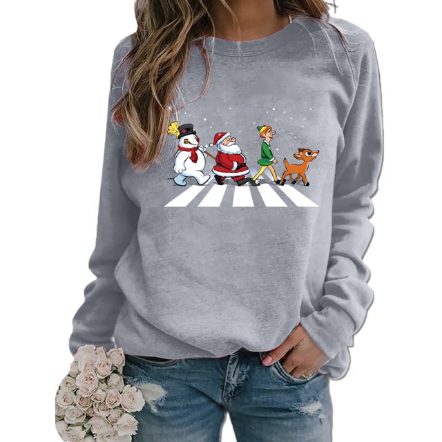 Innerwin Chandail Col Rond Femmes Hauts Imprimé de Noël Xmas Chandail en Molleton Gris m