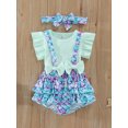 thumbnail image 2 of SUNSIOM Toddler Girl Summer Outfits Solid Color Rib Fly Sleeve T-Shirts Fish Scale Print Suspender Shorts Headband 3Pcs Clothes Set, 2 of 6