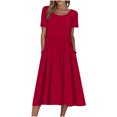 thumbnail image 2 of Robes d'Été pour Femmes 2025 Zeophrasy Robe de Vacances Décontractée pour Femmes, Fête, Quotidien, Plissée, Col Rond, Unie, Manches Courtes, avec Poche, Liquidation à Moins de 5, 2 of 9